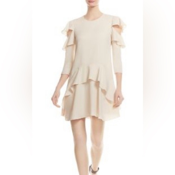 Halston Heritage Kittie Kyle Crew Dress With Ruffles in Stone NWT Size 4 - Picture 1 of 9